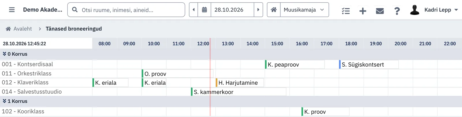 Tänased broneeringud igas ruumis korruste kaupa
